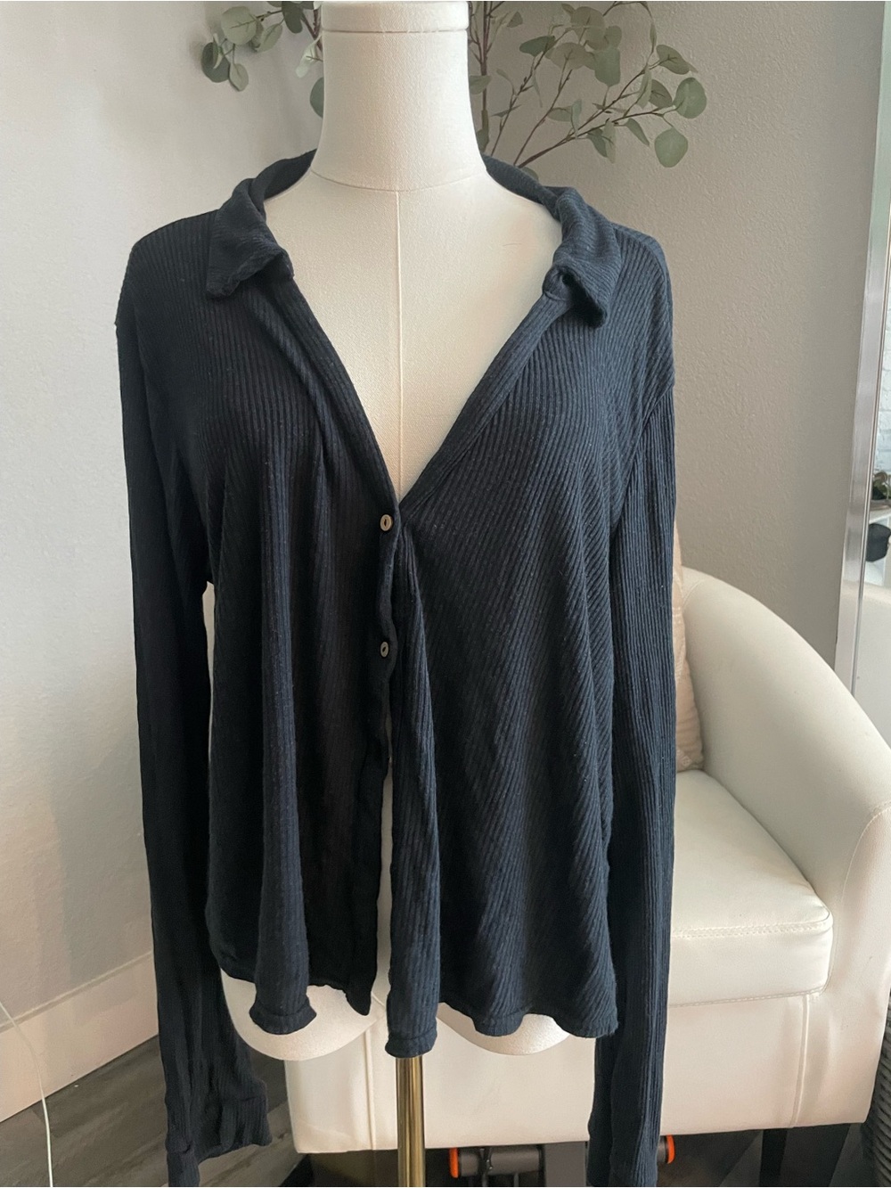 Navy  Ribbed Button-Front Women's Top - Classic Collar